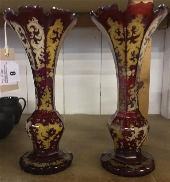 Pair Bohemian enamelled ruby glass vases(-)